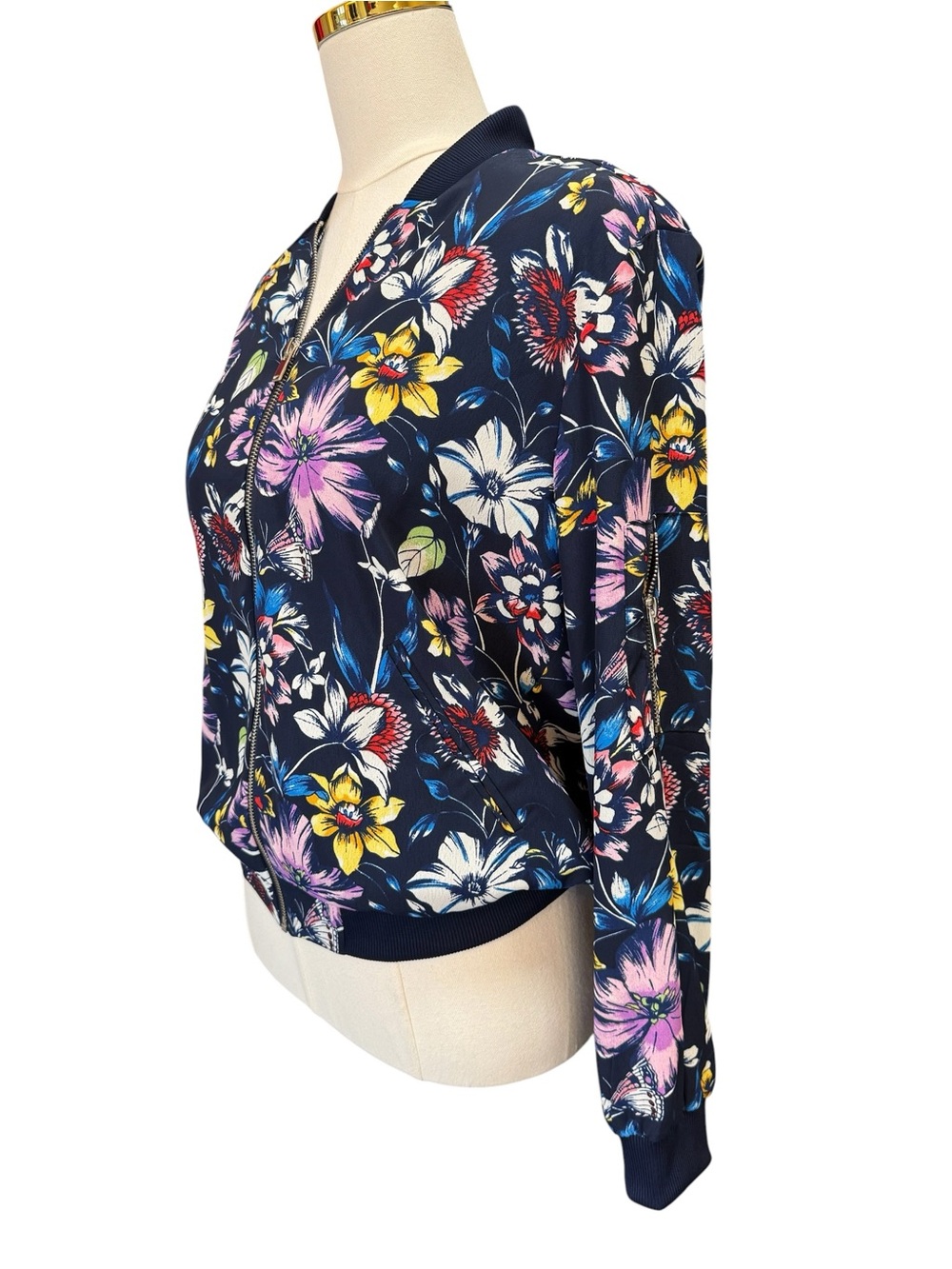 Philosophy Floral Bomber Jacket Size Small Navy Zip Front Lightweight - Picture 6 of 9